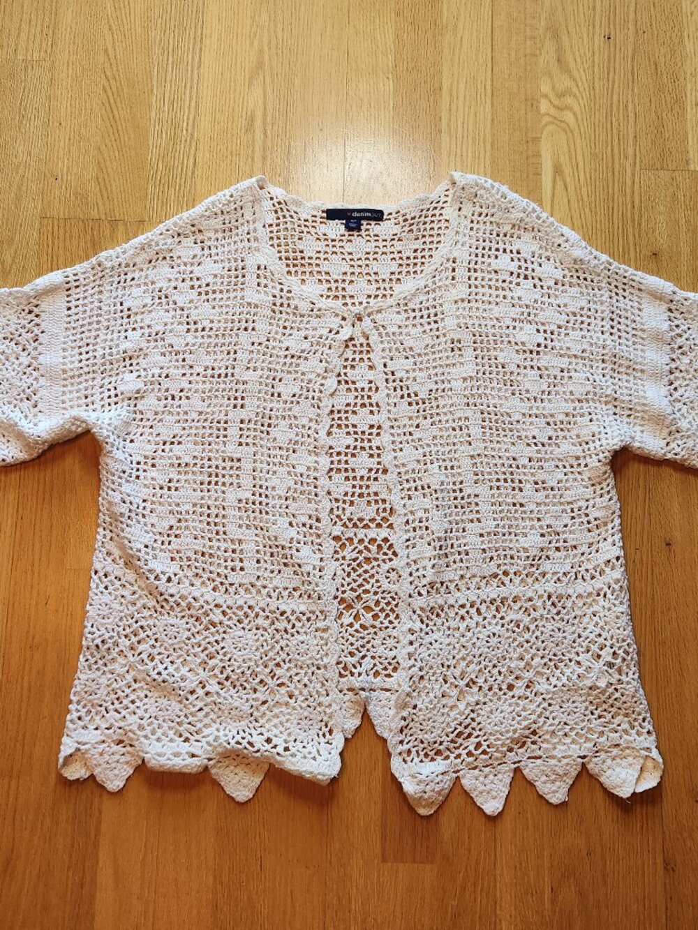 Denim 24/7  Boho Chic Crochet 3/4 Sleeve Sweater Jacket Cover Plus Size L 18/20